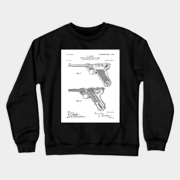 Luger Pistol Firearms Patent - Gun Lover Vintage Guns Art - White Crewneck Sweatshirt by patentpress